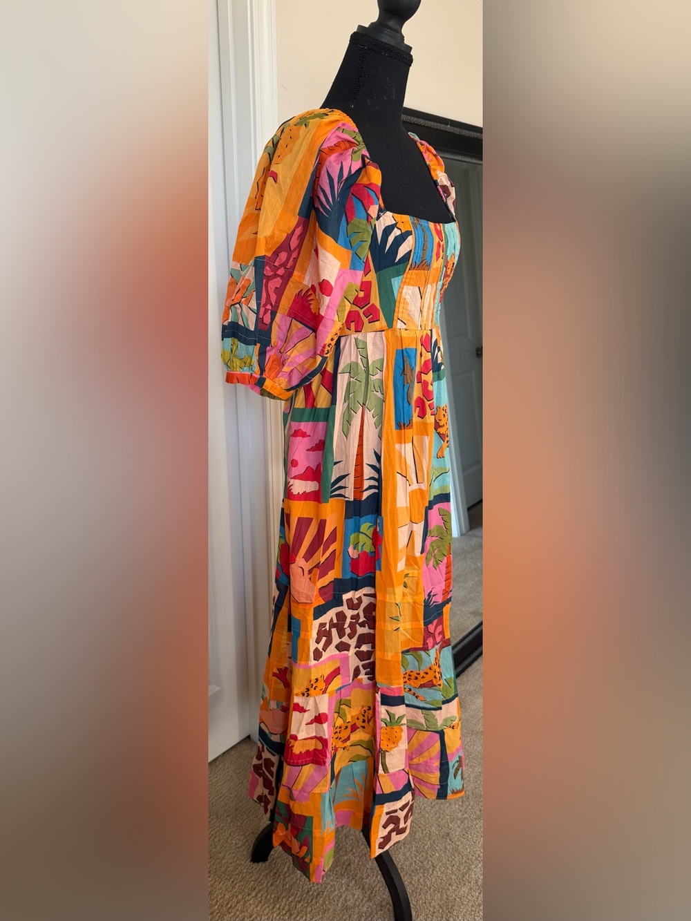 FARM RIO- Vibrant Multi-Color Print Puff Sleeve Maxi Dress (M) - Picture 6 of 16